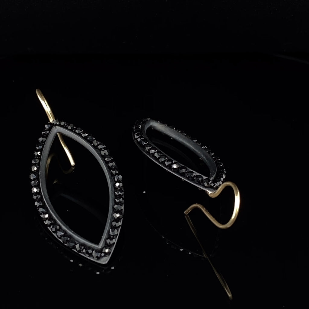 Sophia Epp - Oxidized Silver 18k Yellow Gold Black Spinel Navette Earrings - DESIGNYARD, Dublin Ireland.