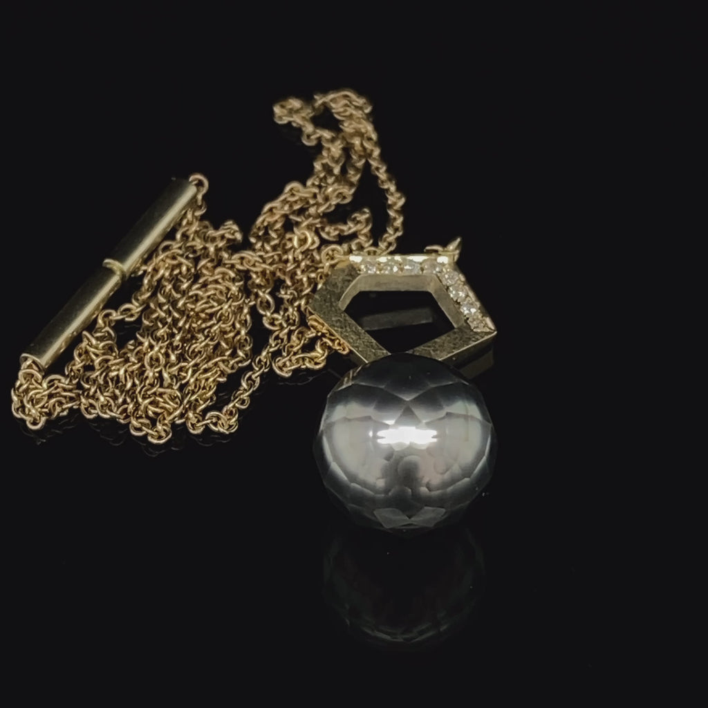 Atelier Luz - 14k Yellow Gold G*Metriq Faceted Pearl Diamond Pendant - DESIGNYARD, Dublin Ireland.