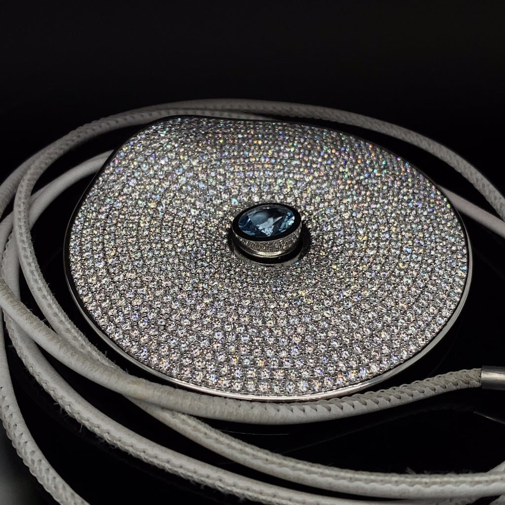 Henrich &amp; Denzel - Platinum Diamond Aquamarine Discus Necklace - DESIGNYARD, Dublin Ireland.