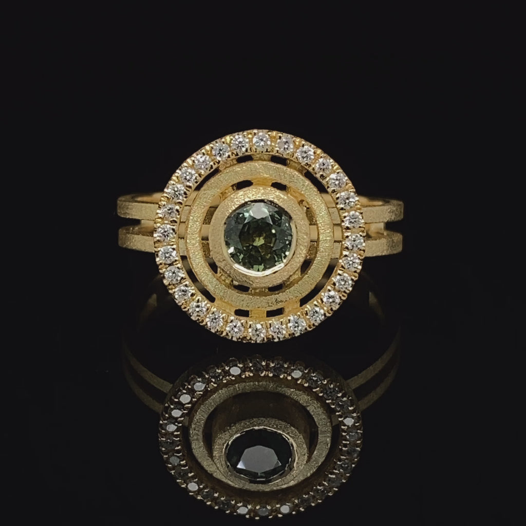 Shimell And Madden - 18k Yellow Gold Green Sapphire Solar Ring - DESIGNYARD, Dublin Ireland.