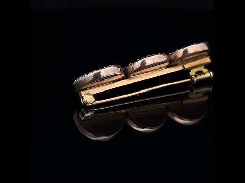 Video of Antique 14k Yellow Gold Three Button Enamel Diamond Brooch. Available on DESIGNYARD.com and in our Jewellery Shop Dublin, Ireland. Free Worldwide Shipping with DHL.