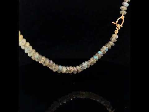 Video of Nicole van der Wolf's Contemporary 14k Rose Gold Labradorite Necklace. Available on DESIGNYARD.com and in our Jewellery Shop Dublin, Ireland. Free Worldwide Shipping with DHL.