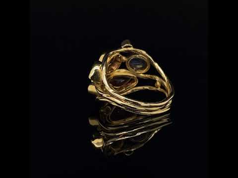 Video of Josephine Bergsøe's 18k & 22k Yellow Gold Sapphire Diamond Triple Seafire Ring. Available on DESIGNYARD.com and in our Contemporary Jewellery Shop Dublin, Ireland. Free Worldwide Shipping with DHL.