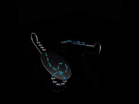 Video of Brigitte Adolph's Contemporary Oxidized Silver Turquoise Silk Hematite Loop Red Dot Award Winning Earrings. Available on DESIGNYARD.com #1 for Contemporary Jewellery Dublin, Ireland. Free Worldwide Shipping with DHL.