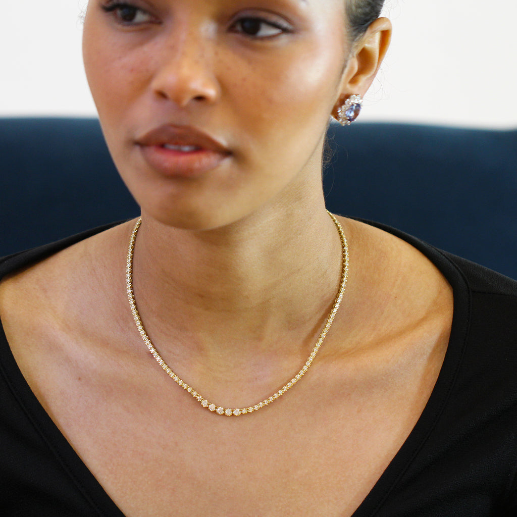 Photograph 2 of Ronan Campbell's 18k Yellow Gold 6ct Diamond Tennis Necklace. Available on DESIGNYARD.com and in our Jewelry Store Dublin, Ireland.