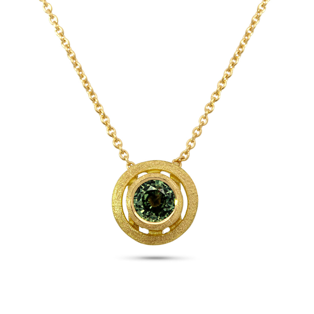 shimell and madden 18k yellow gold small nova green sapphire pendant designyard contemporary jewellery gallery dublin ireland
