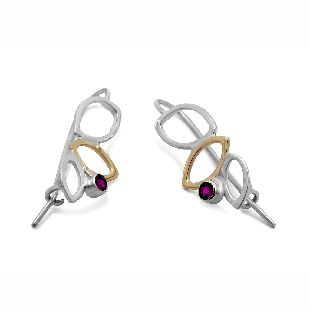 Photograph 1 of Stephanie Robinson's Silver & 14k Yellow Gold Falling Leaves Garnet Earrings. Available on DESIGNYARD.com and in our Contemporary Jewellery Shop Dublin, Ireland. #1 for Jewellery
