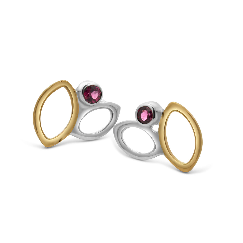 Photograph 1 of Stephanie Robinson's Sterling Silver & 14k Yellow Gold Falling Leaves Garnet Stud Earrings. Available on DESIGNYARD.com and in our Contemporary Jewellery Shop Dublin, Ireland. #1 for Contemporary Jewellery in Dublin.
