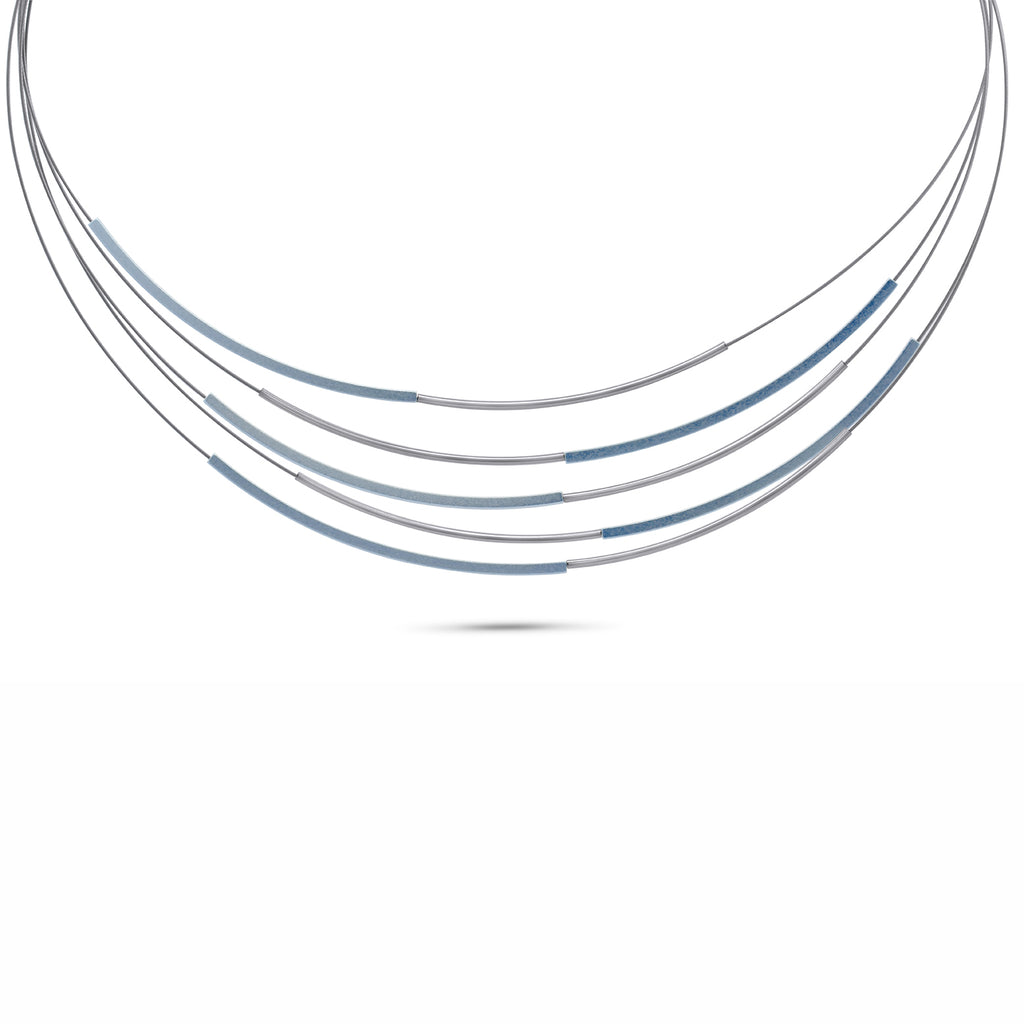 Photograph 1 of Ursula Muller's Grey & Light Blue Tube Aluminium Necklace. Available on DESIGNYARD.com and in our Contemporary Jewellery Shop Dublin, Ireland. #1 for Contemporary Jewellery.