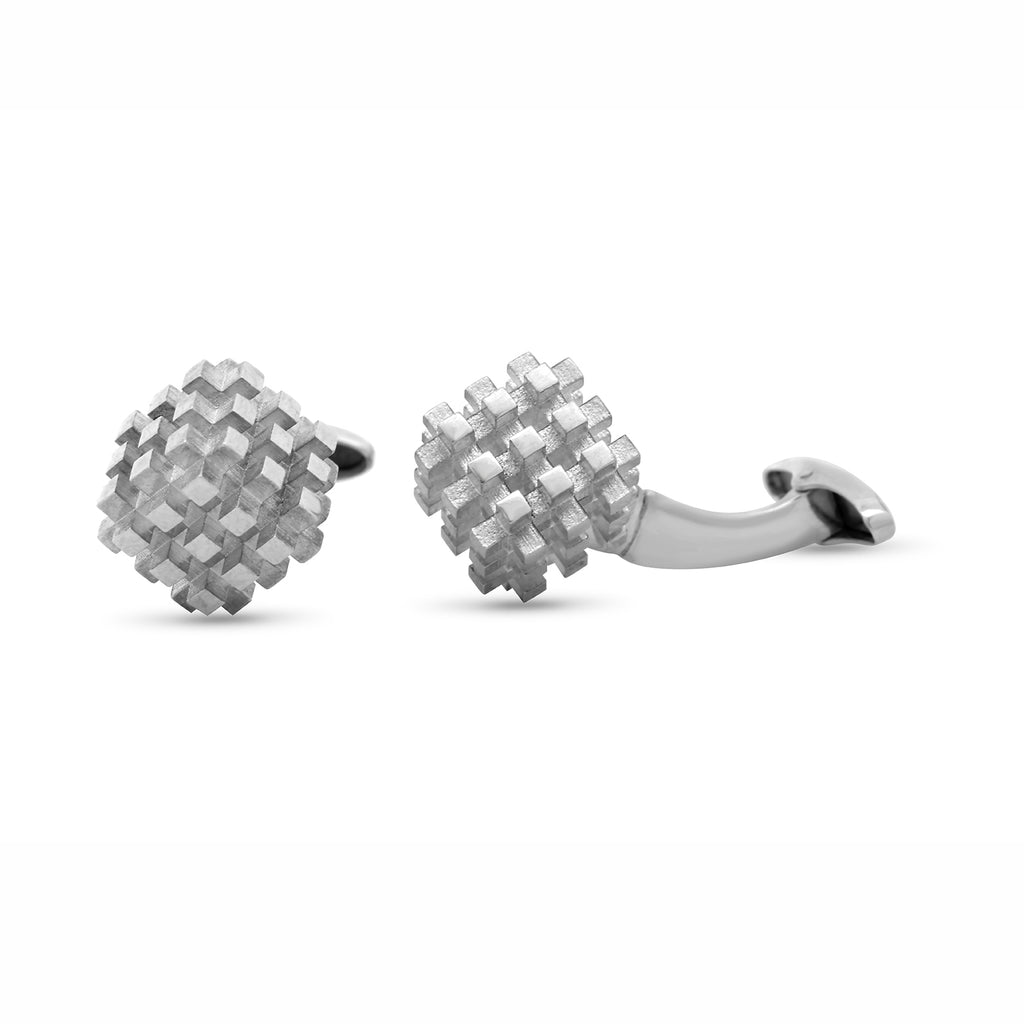 Photograph 1 of Vanessa Ree's Contemporary Sterling Silver 3D # Airspace Cufflinks. Available on DESIGNYARD.com and in our Jewellery Shop Dublin, Ireland. Free Worldwide Shipping with DHL.