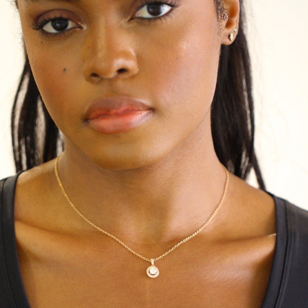 Photograph 4 of Classic 18k Rose Gold Diamond Halo Pendant. Available on DESIGNYARD.com and in our Jewellery Shop Dublin, Ireland. Free Worldwide Shipping with DHL.