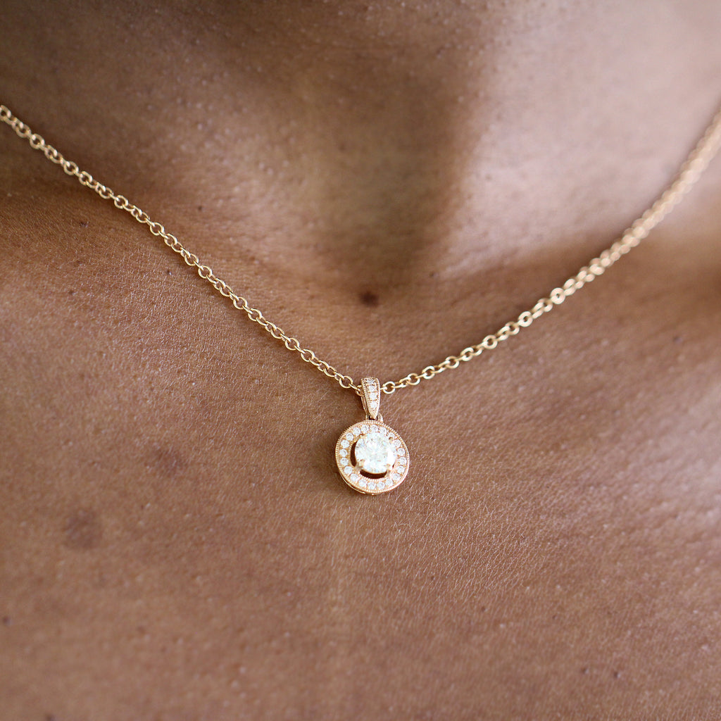 Photograph 3 of Classic 18k Rose Gold Diamond Halo Pendant. Available on DESIGNYARD.com and in our Jewellery Shop Dublin, Ireland. Free Worldwide Shipping with DHL.