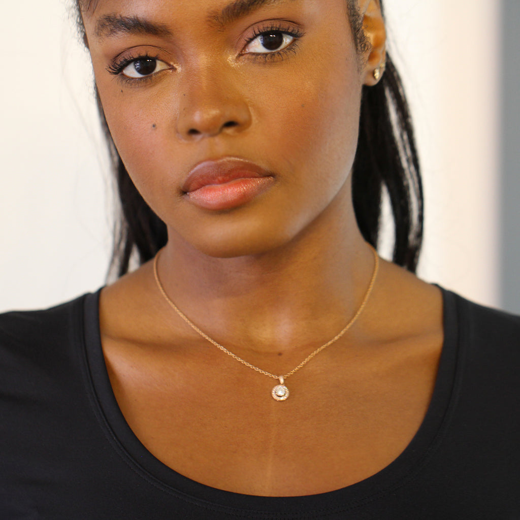 Photograph 2 of Classic 18k Rose Gold Diamond Halo Pendant. Available on DESIGNYARD.com and in our Jewellery Shop Dublin, Ireland. Free Worldwide Shipping with DHL.