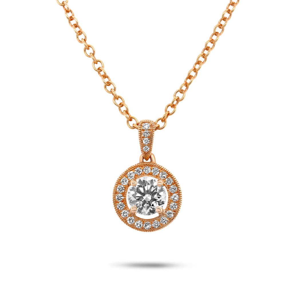 Photograph 1 of Classic 18k Rose Gold Diamond Halo Pendant. Available on DESIGNYARD.com and in our Jewellery Shop Dublin, Ireland. Free Worldwide Shipping with DHL.