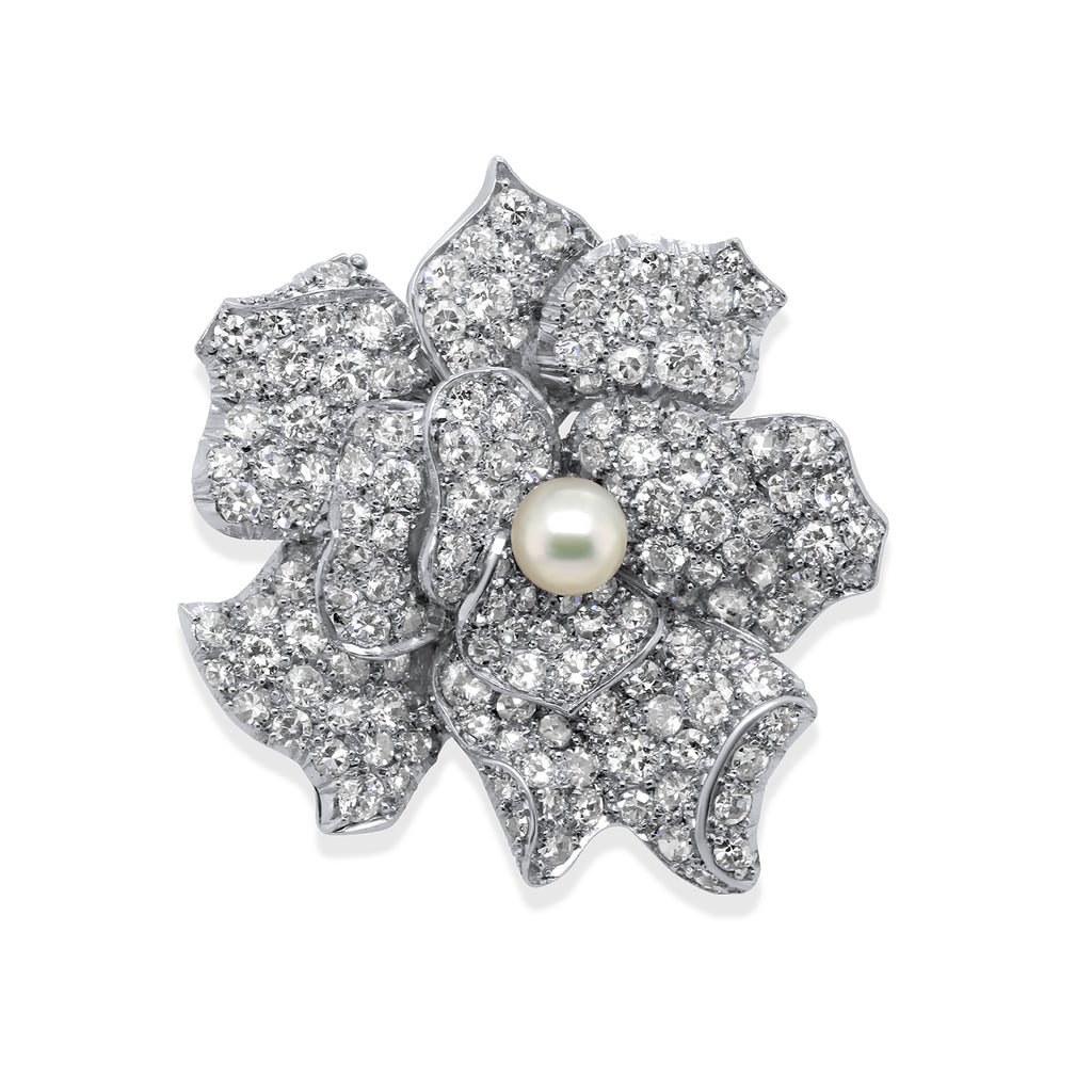 DesignYard - 18k White Gold Diamond Pearl Flower Brooch Pendant - DESIGNYARD, Dublin Ireland.