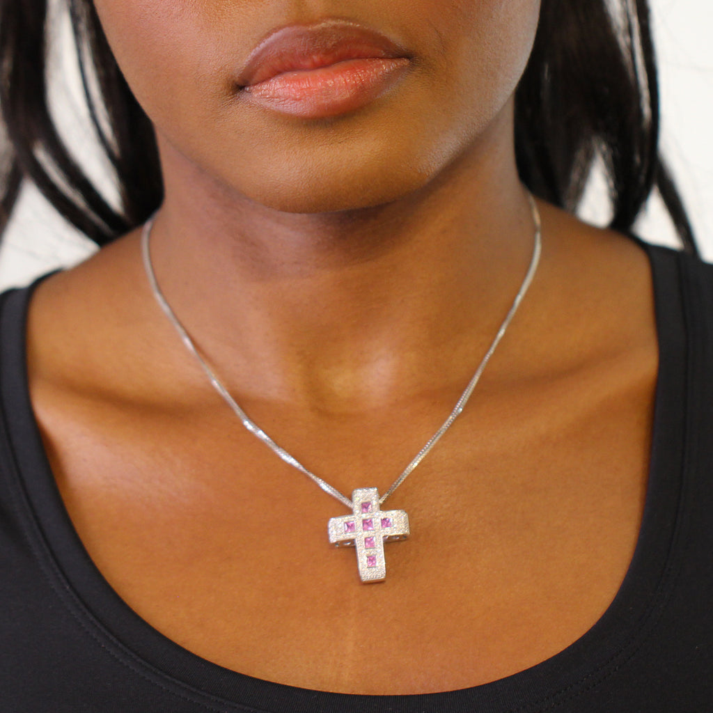 Ronan Campbell - 18k White Gold Pink Princess Sapphire Diamond Cross Pendant - DESIGNYARD, Dublin Ireland.