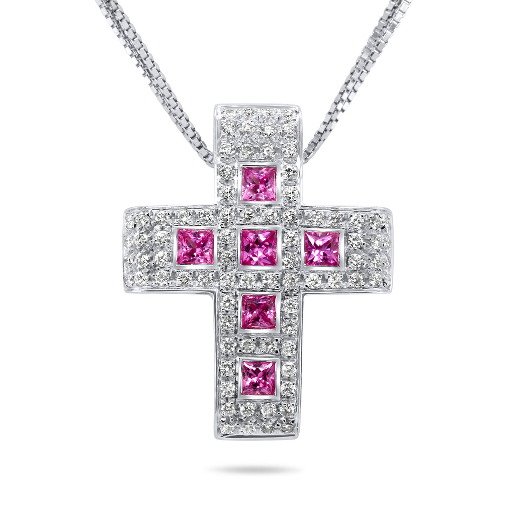 Ronan Campbell - 18k White Gold Pink Princess Sapphire Diamond Cross Pendant - DESIGNYARD, Dublin Ireland.