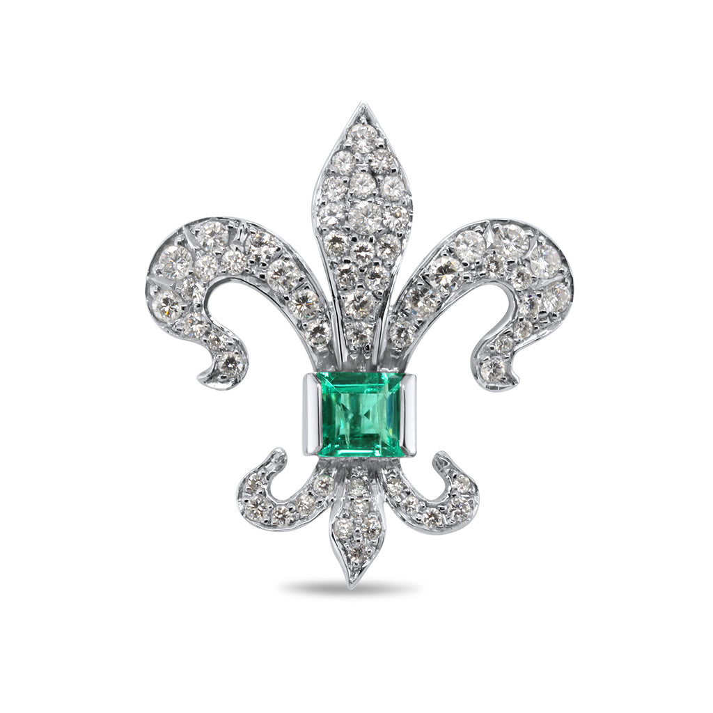 DesignYard - 18k White Gold Strebel Fleur De Lis Emerald Diamond Brooch - DESIGNYARD, Dublin Ireland.