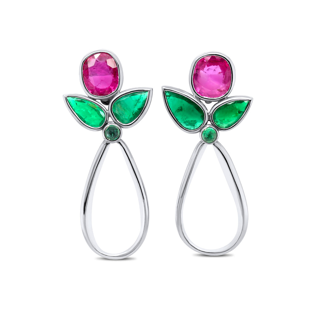 DesignYard - 18k White Gold Moonstone Pink Sapphire Emerald Drop Earrings - DESIGNYARD, Dublin Ireland.