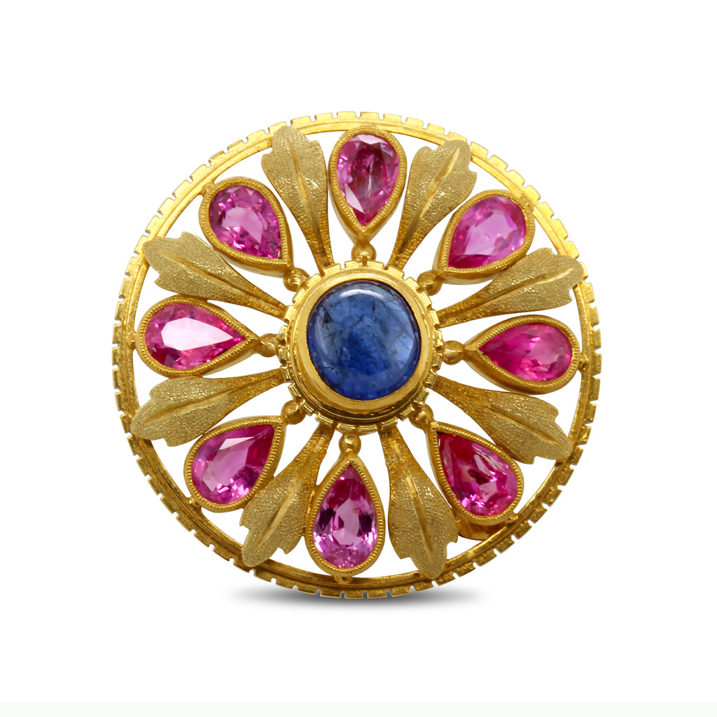 DesignYard - 18k Yellow Gold Pink Blue Sapphire Brooch - DESIGNYARD, Dublin Ireland.