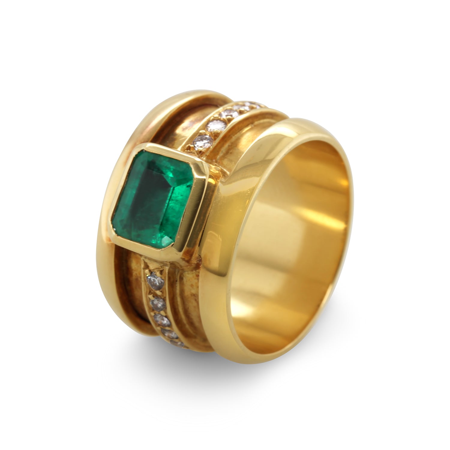 1980s Vintage 18k Yellow Gold Emerald Diamond Cigar Ring DESIGNYARD
