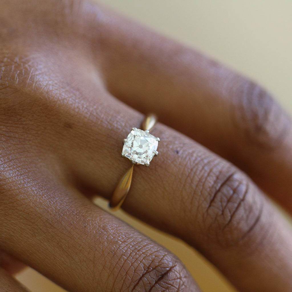 DesignYard - 14k Yellow White Gold Old Mine Cushion Diamond Solitaire Ring - DESIGNYARD, Dublin Ireland.