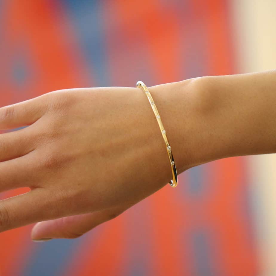 Photograph 4 of Handmade 9k Yellow Solid Gold Round Nine Diamond Bangle. Available on DESIGNYARD.com and in our Jewelry Store Dublin, Ireland. Free Worldwide Shipping with DHL.