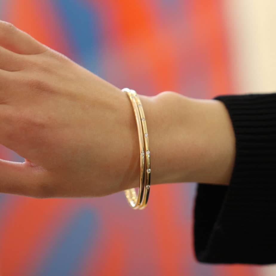 Photograph 2 of Handmade 9k Yellow Solid Gold Round Nine Diamond Bangle. Available on DESIGNYARD.com and in our Jewelry Store Dublin, Ireland. Free Worldwide Shipping with DHL.