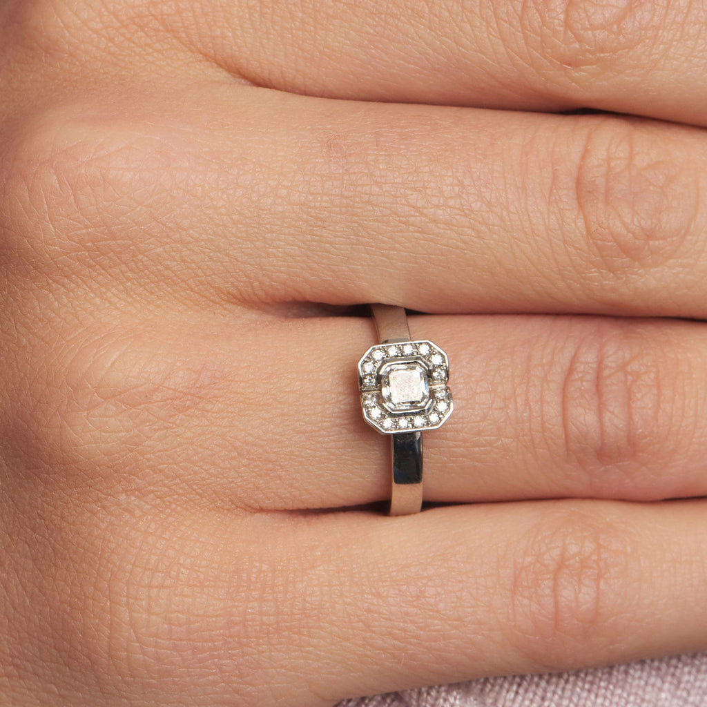Andrew Geoghegan - Platinum Diamond Fission Cluster engagement Ring - DESIGNYARD contemporary jewellery Dublin Ireland.