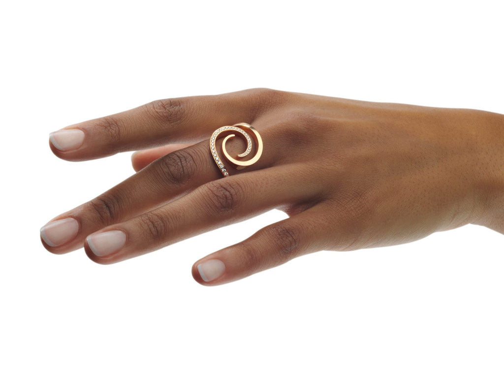 Photograph 2 of Angela Hubel's Contemporary 18k Rose Gold Windrose Diamond Statement Ring. Available on DESIGNYARD.com No 1 for Contemporary Jewellery Dublin, Ireland. Free Worldwide Shipping with DHL.