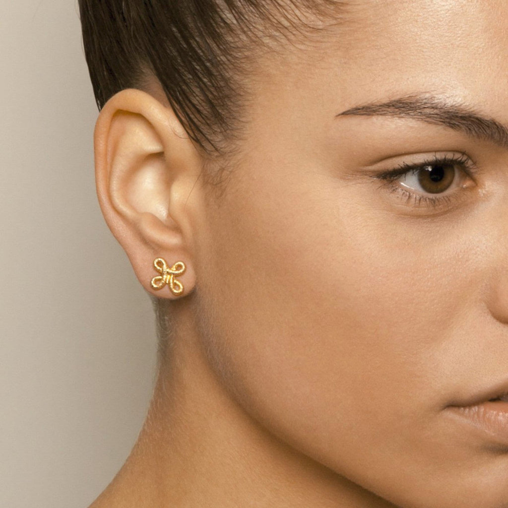 Photograph 2 of Brigitte Adolph's 18k Yellow Gold Pique Dame Handmade Unique Statement Earrings. Available on DESIGNYARD.com No 1 for Contemporary Jewellery Dublin, Ireland. Free Worldwide Shipping with DHL.