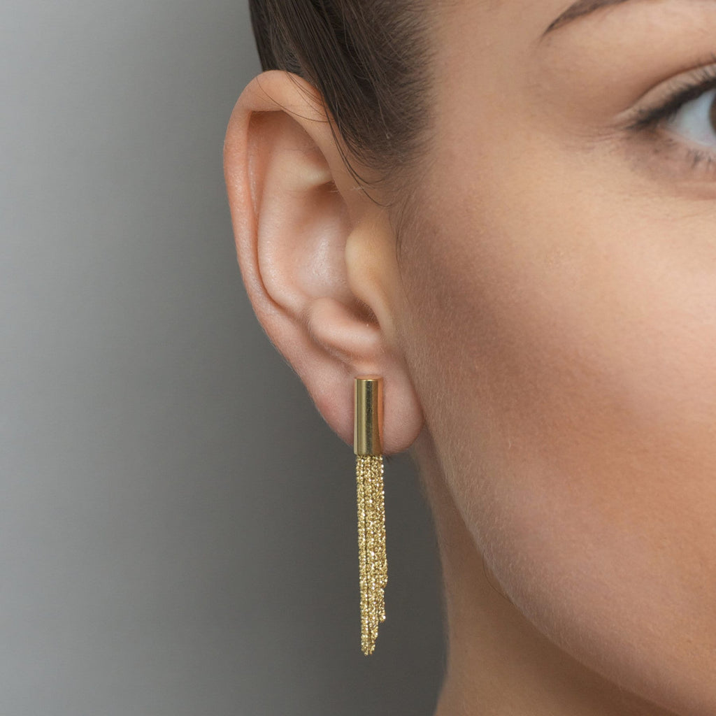 Photograph 2 of Claudia Milic's Contemporary Sterling Silver Gold Shine Short Drop Earrings. Available on DESIGNYARD.com and in our jewelry shop Dublin, Ireland. Free Worldwide Shipping with DHL.