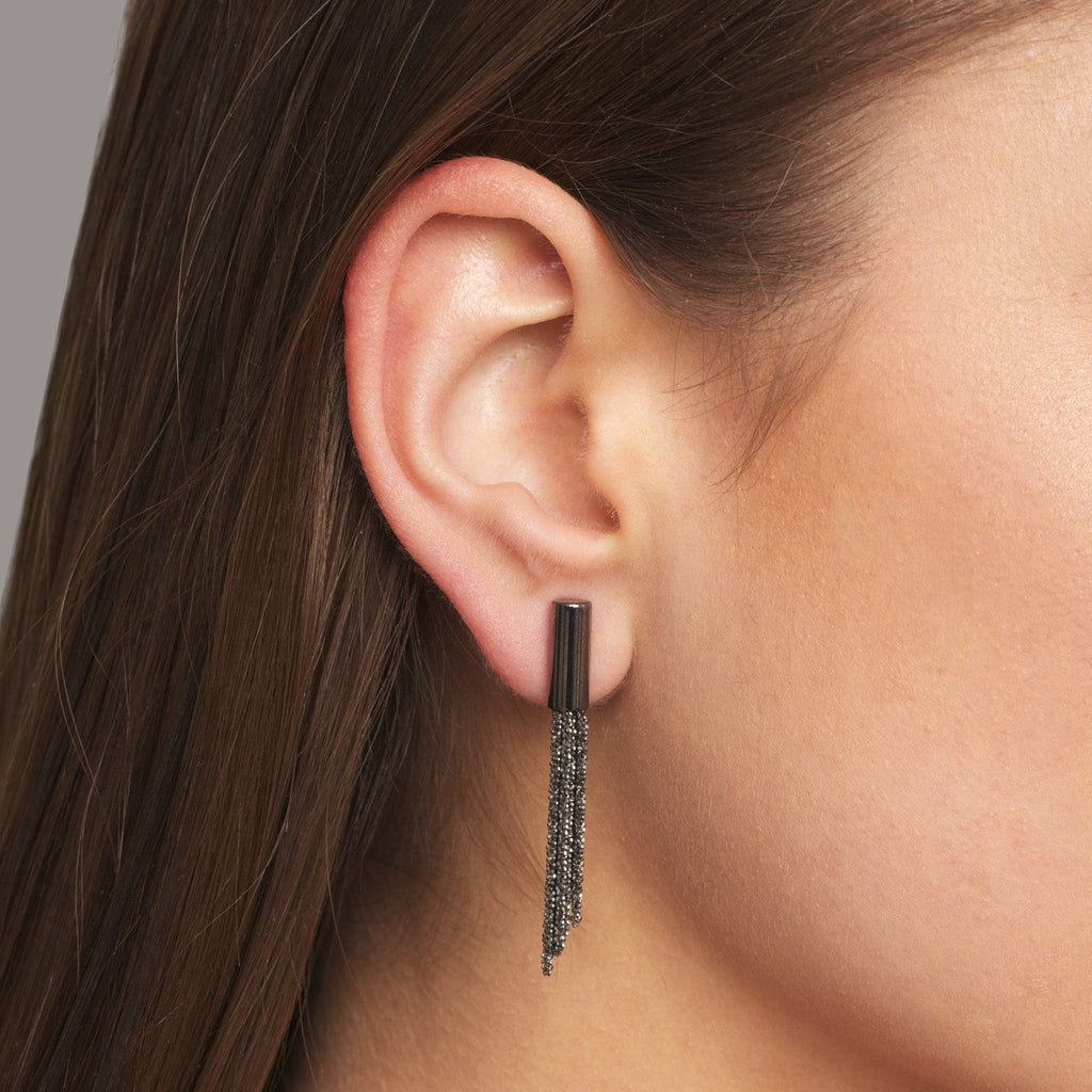 Photograph 2 of Claudia Milic's Contemporary Sterling Silver Black Shine Short Drop Earrings. Available on DESIGNYARD.com and in our Jewellery Store Dublin, Ireland. Free Worldwide Shipping with DHL.