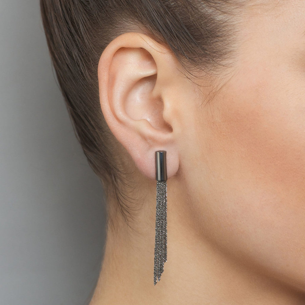 Photograph 2 of Claudia Milic's Contemporary Sterling Silver Black Shine Drop Earrings. Available on DESIGNYARD.com and in store Dublin, Ireland. Free Worldwide Shipping with DHL.