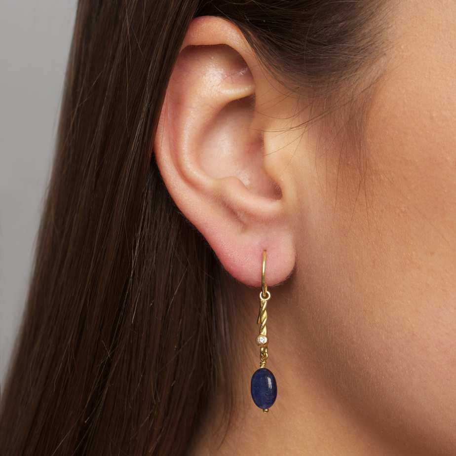 Photograph 2 of Friederike Grace's Contemporary 18k Yellow Gold Sapphire Bead Diamond Drop Statement Earrings. Available on DESIGNYARD.com and in our Jewelry Store Dublin, Ireland.