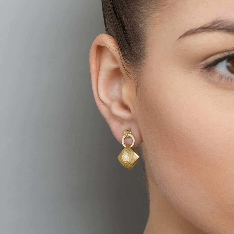 Heather O'Connor - Yellow Gold Plated Silver Pillow Hoop Drop Earrings - DESIGNYARD, Dublin Ireland.