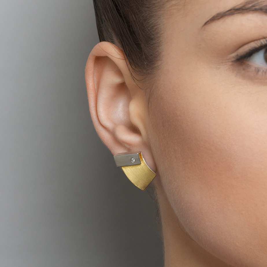 Photograph 2 of Manu's Contemporary Sterling Silver 22k Yellow Gold Bi Metal Diamond Fold Statement Earrings. Available on DESIGNYARD.com Dublin, Ireland. Free Worldwide Shipping with DHL.
