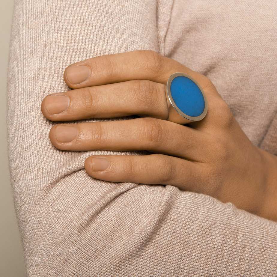 Photograph 2 of Monika Jakubec's Contemporary Silver Sky Blue Resin Cone Statement Ring. Available on  DESIGNYARD.com and in our Jewellery Shop Dublin, Ireland. Free Worldwide Shipping with DHL.
