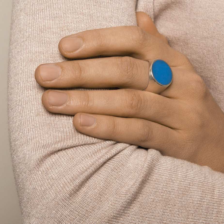 Photograph 3 of Monika Jakubec's Contemporary Silver Sky Blue Resin Cone Statement Ring. Available on  DESIGNYARD.com and in our Jewellery Shop Dublin, Ireland. Free Worldwide Shipping with DHL.