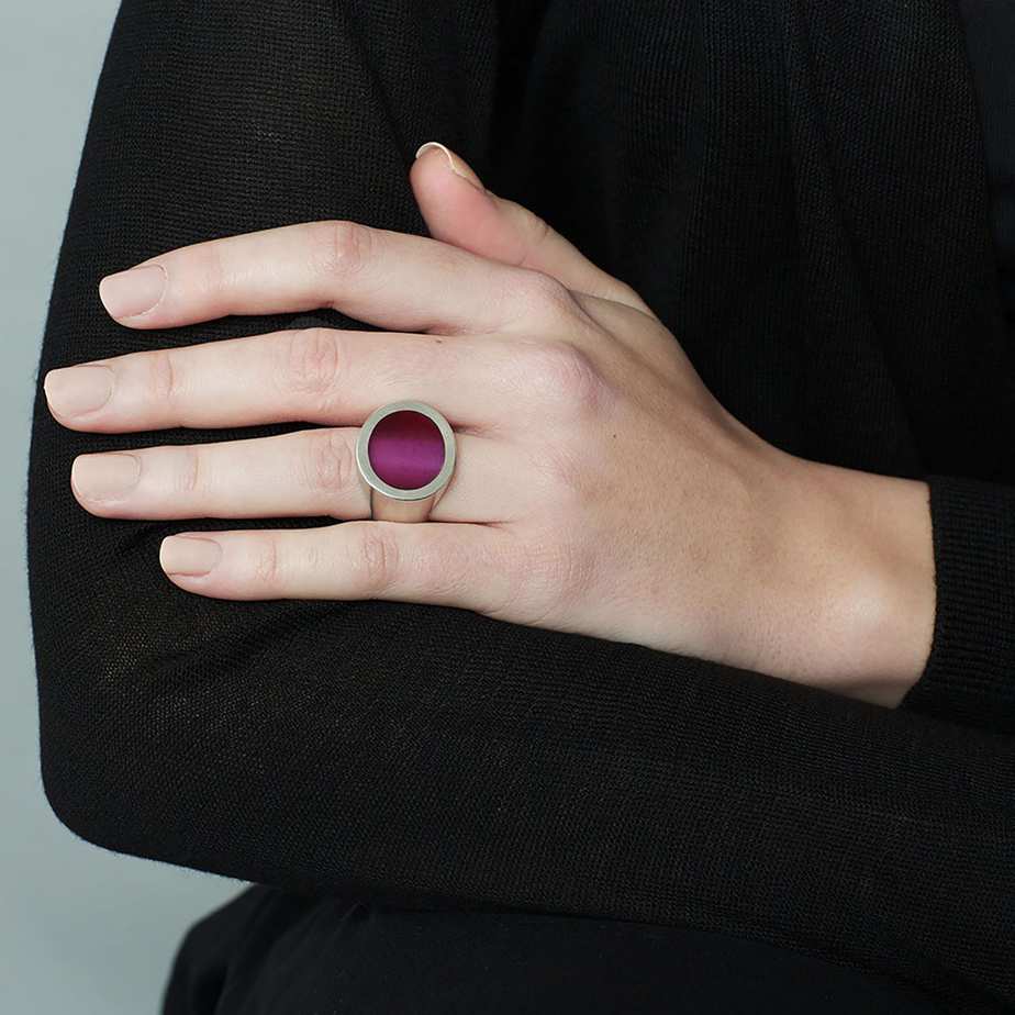 Photograph 2 of Monika Jakubec's Contemporary Silver Pink Blue Oval Resin Statement Ring. Available on DESIGNYARD.com and in our Jewellery Shop Dublin, Ireland. Free Worldwide Shipping with DHL.