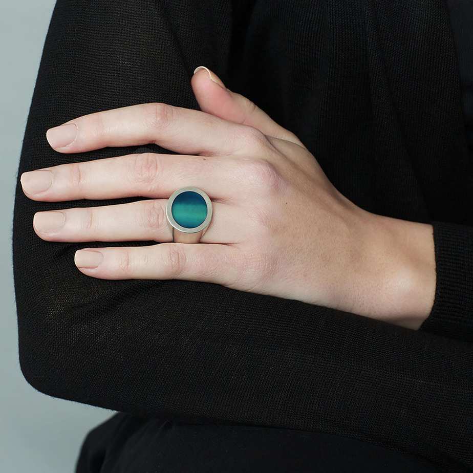 Photograph 3 of Monika Jakubec's Contemporary Silver Pink Blue Oval Resin Statement Ring. Available on DESIGNYARD.com and in our Jewellery Shop Dublin, Ireland. Free Worldwide Shipping with DHL.