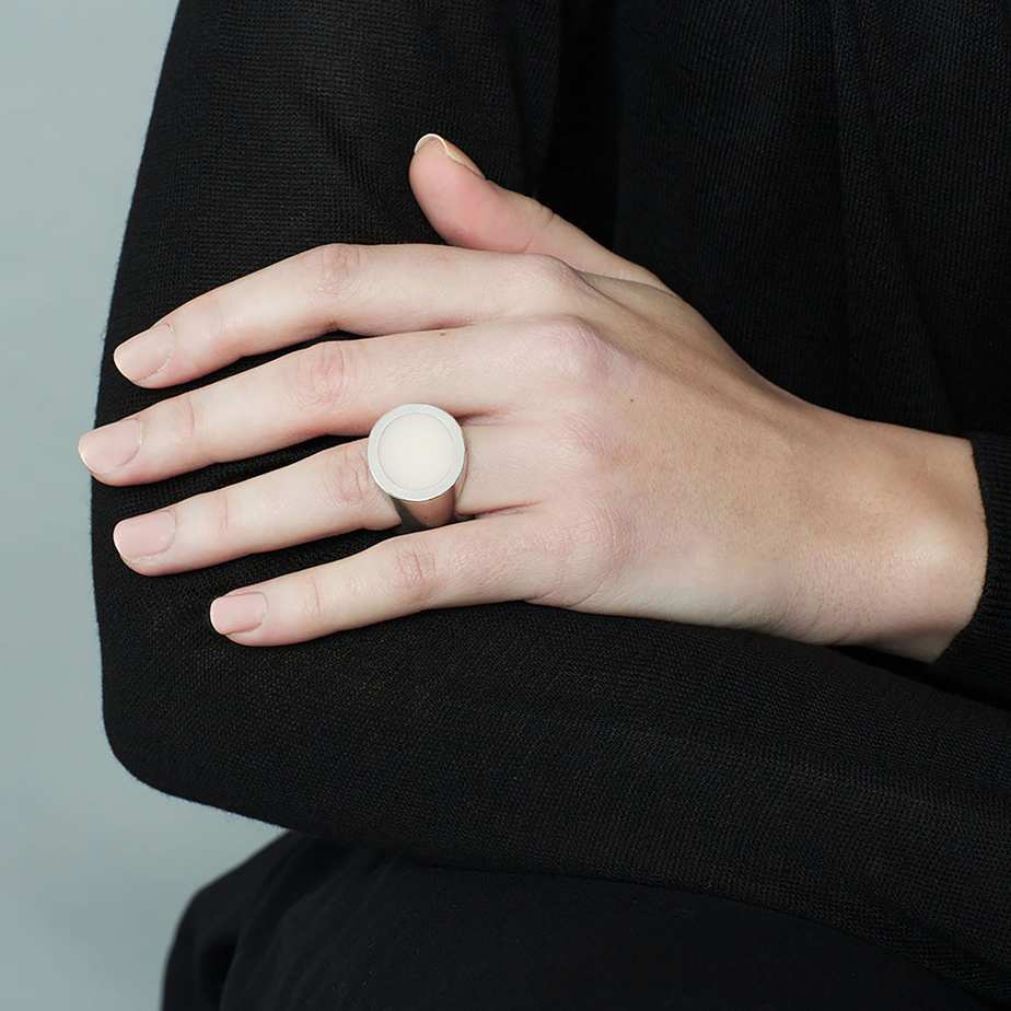 Photograph 3 of Monika Jakubec's Contemporary Silver White Brown Oval Resin Statement Ring. Available o DESIGNYARD.com and in our Jewellery Shop Dublin, Ireland. Free Worldwide Shipping with DHL.