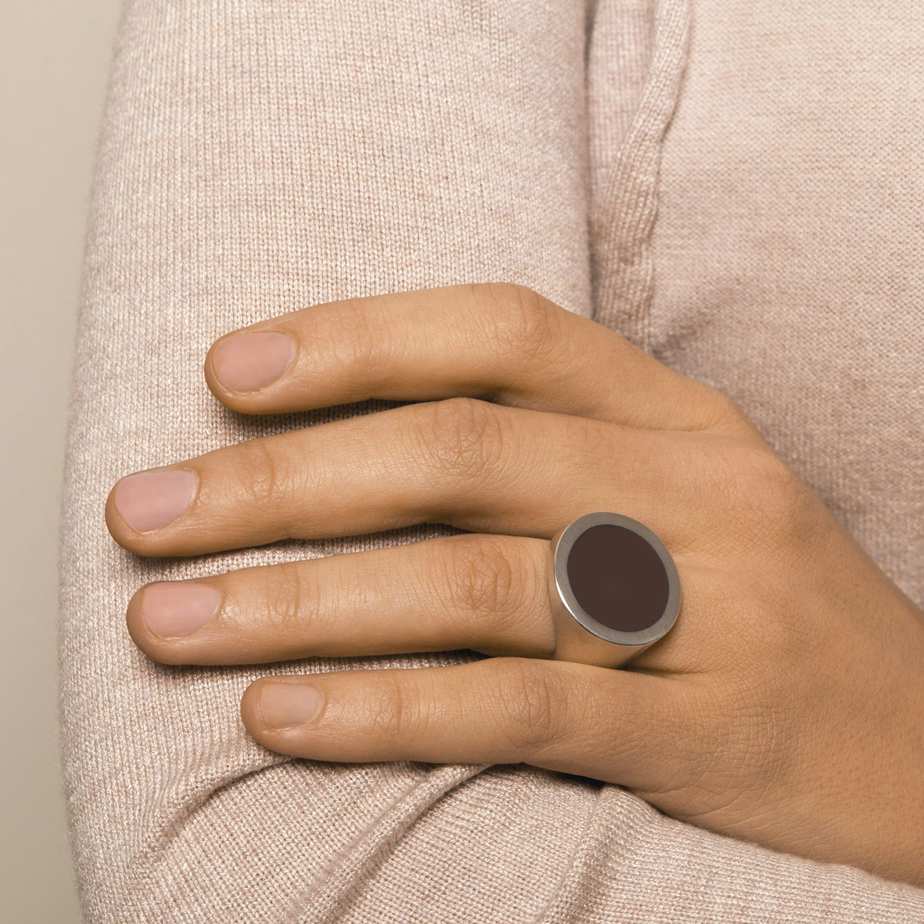 Photograph 2 of Monika Jakubec's Contemporary Silver White Brown Oval Resin Statement Ring. Available o DESIGNYARD.com and in our Jewellery Shop Dublin, Ireland. Free Worldwide Shipping with DHL.