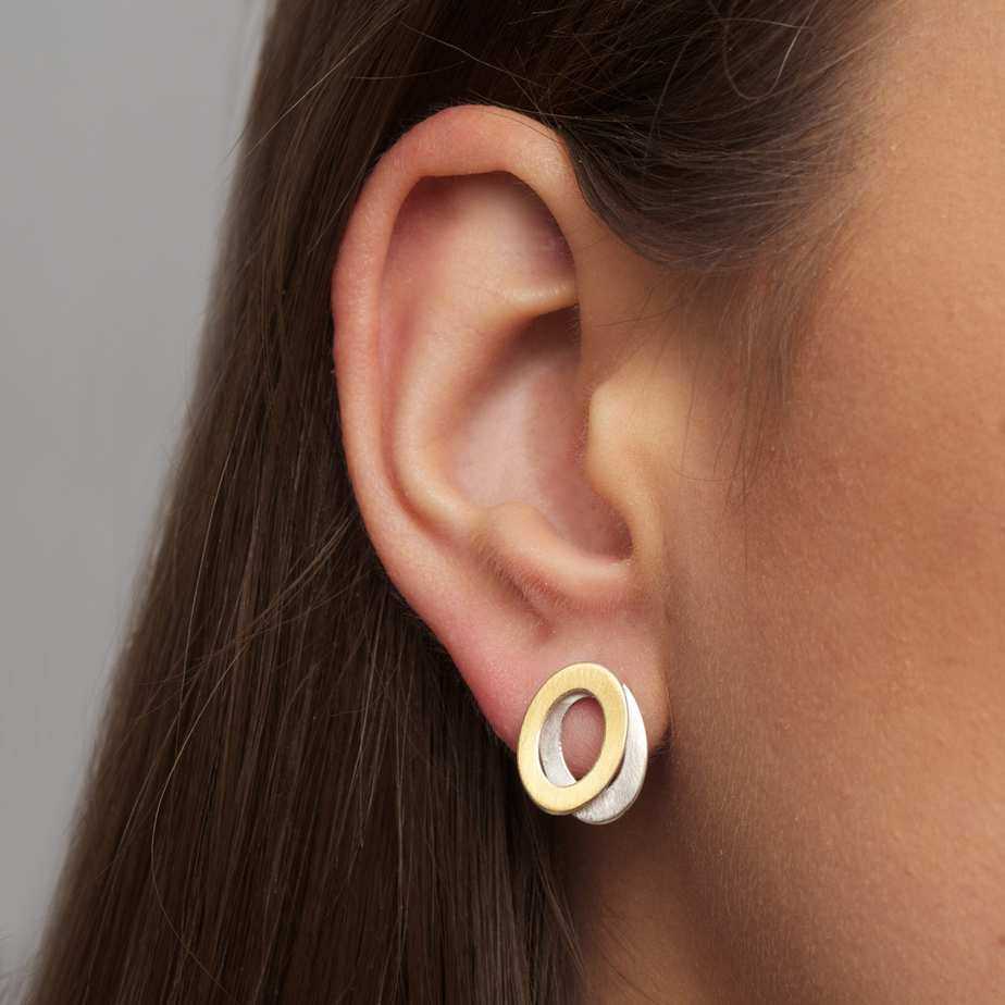 Photograph 2 of Manu's Contemporary Sterling Silver 22k Yellow Gold Dancing Oval Statement Earrings. Available on DESIGNYARD.com and in our Jewellery Shop Dublin, Ireland. Free Worldwide Shipping with DHL.