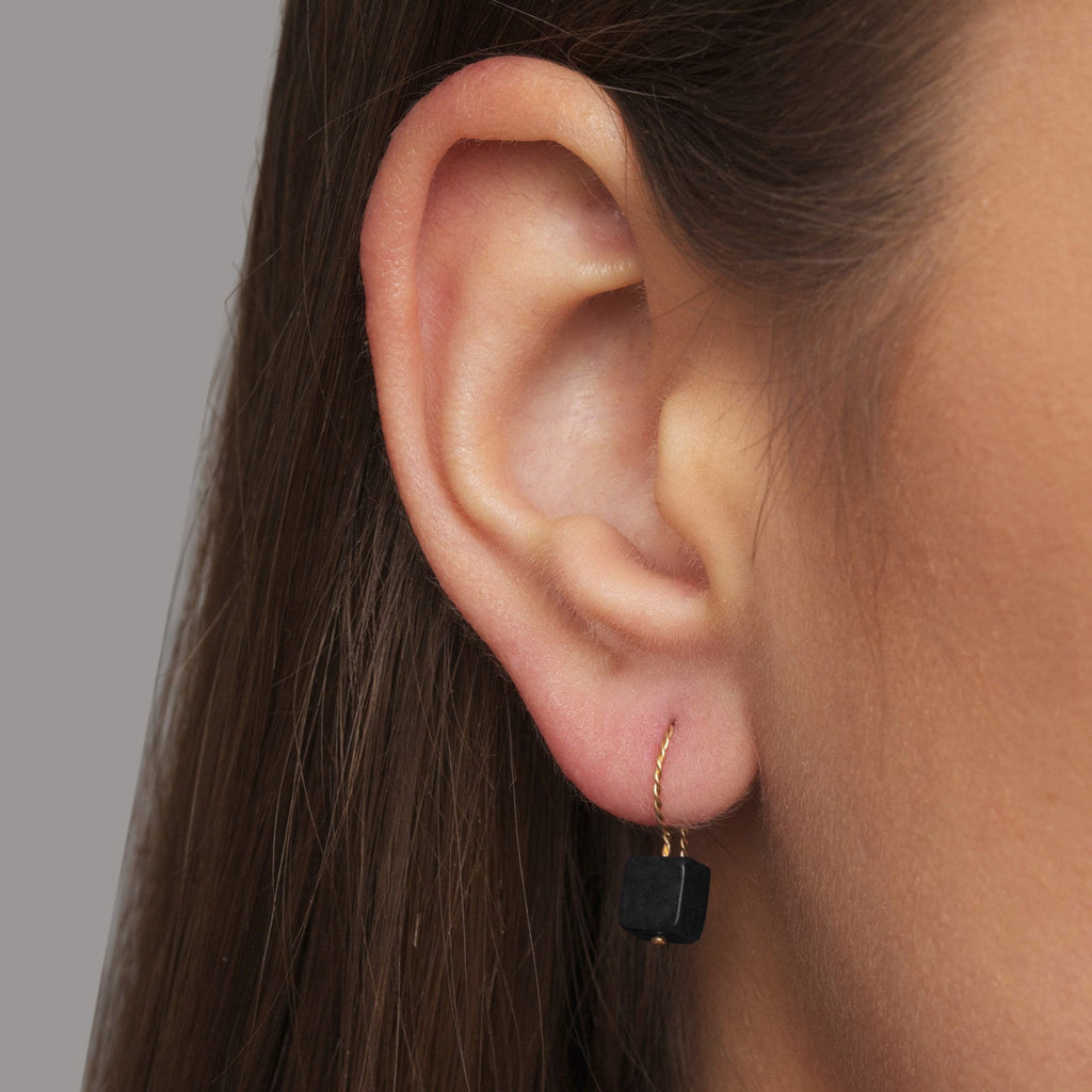Nicole Van Der Wolf - 9k Yellow Gold Onyx Cube Earrings - DESIGNYARD, Dublin Ireland.