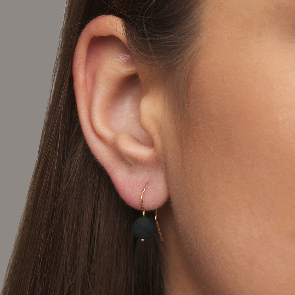 Nicole Van Der Wolf - 9k Yellow Gold Matte Onyx Sphere Earrings - DESIGNYARD, Dublin Ireland.