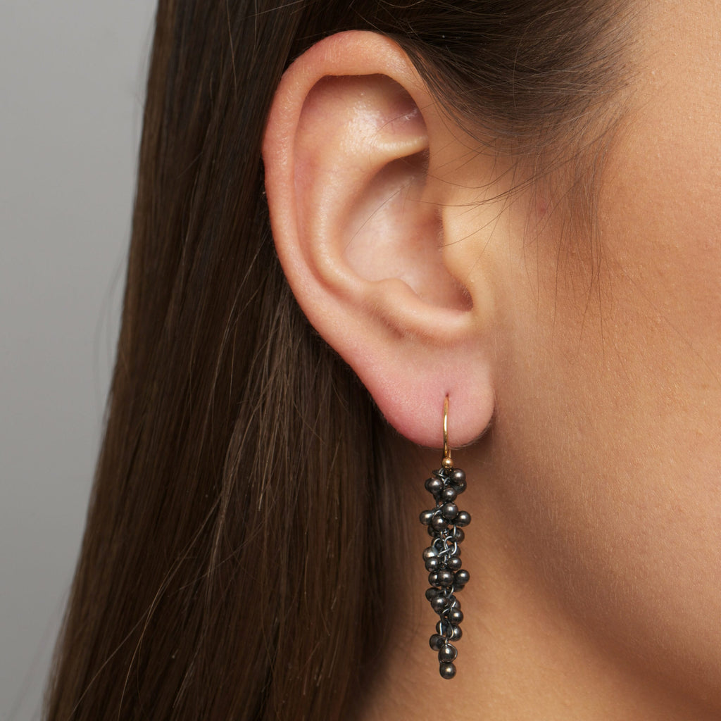 Neeltje Huddleston Slater - 14k Yellow Gold Long Drop Oxidized Silver Earrings - DESIGNYARD, Dublin Ireland.