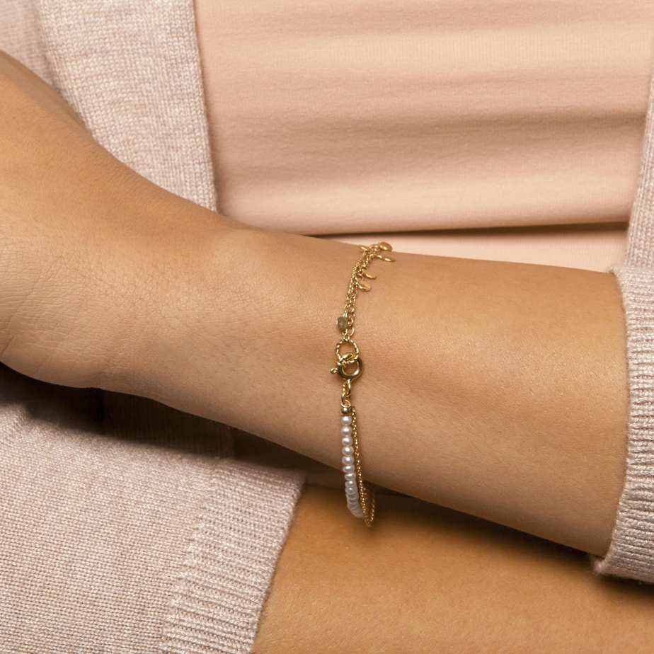 Photograph 3 of Neeltje Huddleston Slater 14K Yellow Gold White Pearl Leaf Bracelet. Available on DESIGNYARD.com and in our Contemporary Jewellery Shop Dublin, Ireland. #1 for Contemporary Jewellery.