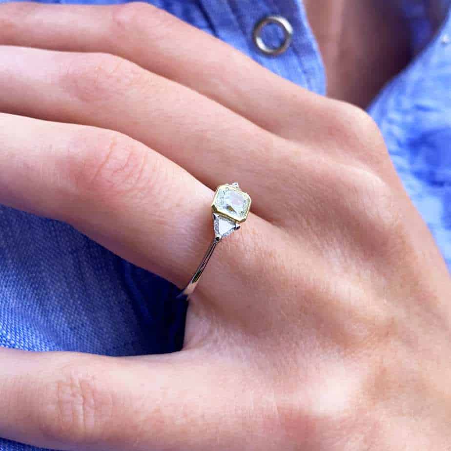 Photograph 4 of Exquisite Platinum 18k Green Gold Green Diamond Engagement Ring. Available on DESIGNYARD.com and in our Jewellery Shop Dublin, Ireland. Free Worldwide Shipping with DHL.