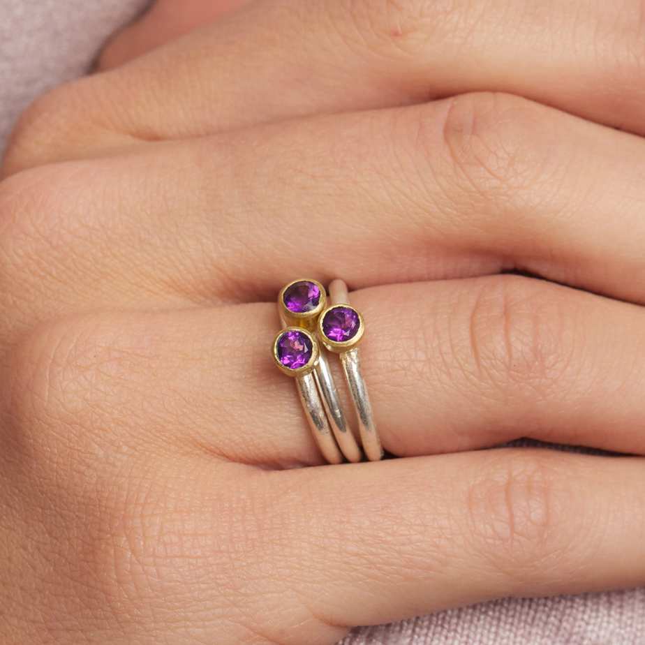 Photograph 2 of Shimara Carlow's Contemporary 18k Yellow Gold Silver Amethyst Stacking Ring. Available on DESIGNYARD.com and in our Jewellery Shop Dublin, Ireland. Free Worldwide Shipping with DHL.
